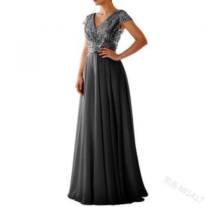 Robe de soirée en mousseline à sequins ECELEN pour femme - Robe de demoiselle dhonneur trapèze à col en V - Noire