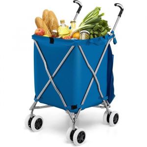 GIANTEX Chariot de Courses Pliable 90L à RoulettesCaddie/Chariot de Marché Cadre en FerSac Amovible en OxfordCharge 55KGBleu