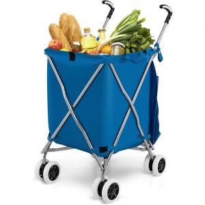 GIANTEX Chariot de Courses Pliable 90L à Roulettes,Caddie/Chariot de Marché Cadre en Fer,Sac Amovible en Oxford,Charge 55KG,Bleu