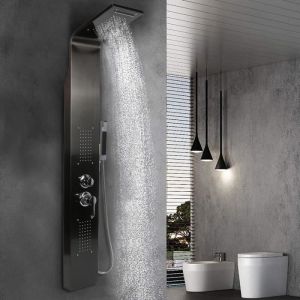 Colonne de douche hydromassante Torquay noir - Larathy - Mitigeur thermostatique - 2 jets - Inox liss&eacute;