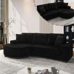 DRIPEX Canapé dangle en L 4 places 2565x1335x89 cmCanapé en velours côtelé avec pouf ovale2 coussins et pieds inclusNoir