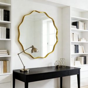 Grand miroir rond &agrave; bords ondul&eacute;s - miroir mural avec cadre en m&eacute;tal textur&eacute; pour salle de bain entr&eacute;e et salon Or 90 x 90cm