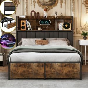 Lit Coffre 160x200 Lit Double avec LED et USB 2 Tiroirs et T&ecirc;te de Lit Lit Capitonn&eacute; Lit 2 Personnes Lit Double Capitonn&eacute; PU