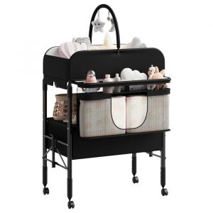 Table &agrave; langer portable avec 2 paniers de rangement -Commode pliante r&eacute;glable en hauteur avec roulettes -pour b&eacute;b&eacute;s-Noir