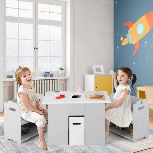 GOPLUS Table Enfant avec 2 Chaises 3 Ans+Table dActivités 4 en 1 avec Banc de RangementBoucle de SécuritéCharge 30kg