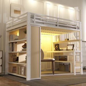 Lit mezzanine adulte 140x200 cm avec bureau LED et rangements escalier avec stockage m&eacute;tal blanc