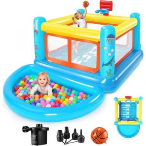 Ch&acirc;teau Gonflable pour Enfants Maison de Saut PVC avec Piscine &agrave; Balles Amovible Panier de Basket et Toboggan Pompe Incluse
