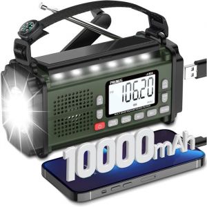 Radio Portable J-924 Solaire Dynamo 10000mAh Radio Survie avec Piles et Manivelle Panneau Solaire R&eacute;veil Chargeur USB-C