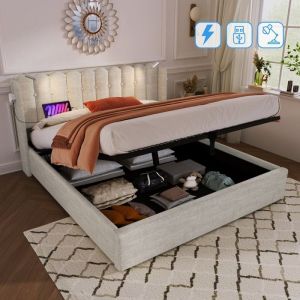 Lit Coffre 160x200cm Lit capitonné Lit Double Lit adulte Avec sommier à lattes et tête de lit en lin naturelleSans matelas