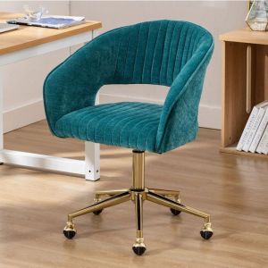 Wahson Chaise de Bureau à roulettes Fauteuil de Bureau avec Siège Pivotant  Chaise Bureau Plaqué Or Chenille Bleu Sarcelle