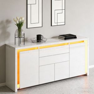 Buffet COZY bahut avec 2 tiroirs et 4 portes style scandinave 160x35x75 cm buffet de salle &agrave; manger avec LED blanc