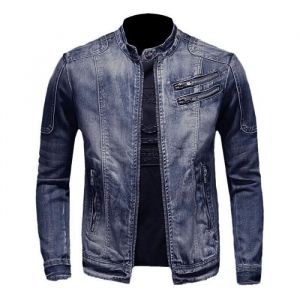 Veste HommeVeste en Jean Slim Fit de Style Vintage D&eacute;lav&eacute;Veste Homme Mi Saison pour Denim Truck et Moto-Bleu D&eacute;lav&eacute; et Blanc