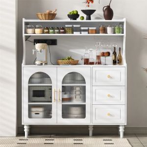 Armoire de Cuisine avec Plan de Travail 120 cm Buffet Cuisine Blanc avec Prise et USB C/A Rangement &Eacute;tag&egrave;res R&eacute;glables Moderne