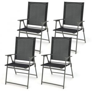 GOPLUS 4 Chaises de Jardin en Textilène avec Cadre MétalliqueChaise Pliante avec Dossier Haut-AccoudoirsChaise de CampingNoir