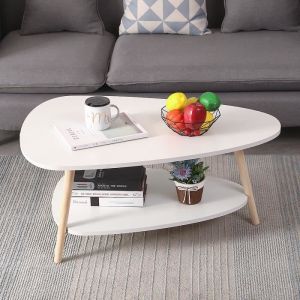 Table basse ovale scandinave - JEOBEST - Blanc laqu&eacute; mat - 2 &eacute;tag&egrave;re - Pieds en bois h&ecirc;tre massif
