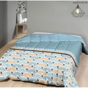 Couette chaude imprimée Thébès / Uni bleu ciel - 2 personnes 220 x 240 - Spécial Hiver - MORTREUX