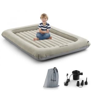 DREAMADE Lit de Voyage Gonflable Floqu&eacute; pour Enfants Ensemble Lit avec Matelas Pompe Electrique pour Enfant 18-24 mois Gris