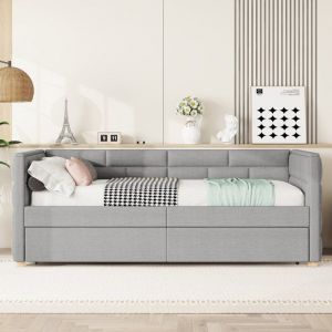 Lit gigogne 90x200 cm Canapé-lit extensible Lit simple style minimaliste avec roulettes et sommier à lattes - gris