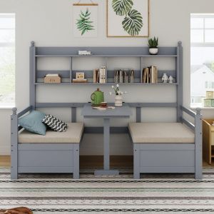 Lit combiné Lit en bois 200x90 cm bureau modulable à volonté avec étagère de rangement avec coussins gris