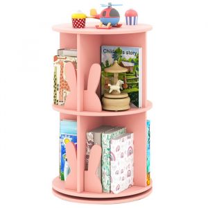 COSTWAY Bibliothèque d’Angle Ronde et Rotative pour Enfants à 2 Niveaux Étagère de Rangement Pivotante à 360° 40 x 65 cm Rose