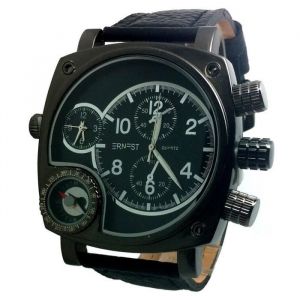 MONTRE HOMME NOIR CUIR BOUSSOLE 2 FUSEAUX XXL BOSS