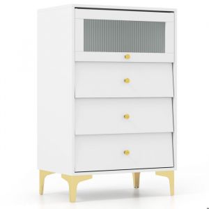 GOPLUS Commode avec 3 Tiroirs 60x0x955CM avec Placard à Porte en Verre et Tiroirs Coulissants-Pieds Métalliques DorésBlanc