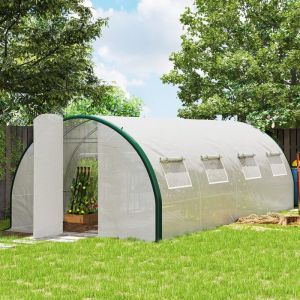 Serre tunnel de jardin 18m&sup2; serre de jardin tunnel avec portes et 8 fen&ecirc;tres b&acirc;che PE 140g/m&sup2; 600 x 300 x 200 cm blanc