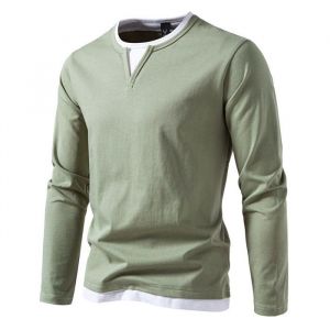 T-shirt Homme Manches Longues Effet 2 en 1 Col V Casual Tee Shirt Coton Regular Fit Contraste Confortable - Taille EU - Vert