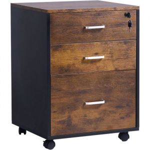 SogesHome classeur armoire de bureau meuble de rangement sur roulettes verrouillable avec 3 tiroirsmarron vintage