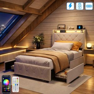 Lit Coffre 90 x 200 CM avec Sommier - Lit Simple avec LED et USB - Lit adulte avec 2 Tiroirs - Cadre de Lit en M&eacute;tal - Velours beige