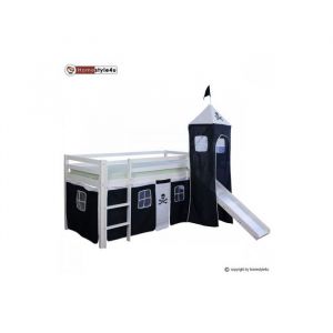 Lit Simple Blanc 90x200 en hauteur avec echelle rideau et tour Pirate et toboggan