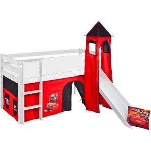 Lit surélevé ludique JELLE Disney Cars - avec rideaux tour et toboggan - LILOKIDS - blanc laqué