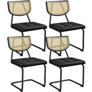 Yaheetech Lot de 4 Chaises de Salle &agrave; Manger Modernes Mid-century avec Dossier en Rotin Tiss&eacute; Assise Capitonn&eacute;e Noir