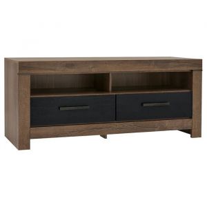 Meuble TV avec 2 tiroirs et une &eacute;tag&egrave;re coloris Ch&ecirc;ne marron fonc&eacute;/Ch&ecirc;ne noir - Longueur 140 x Profondeur 45 x Hauteur 61 cm