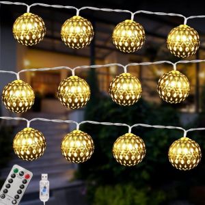 Guirlande lumineuse LED Marocaine 4.5 M 30 LED USB 8 Modes de Lumi&egrave;res avec T&eacute;l&eacute;commande Boules Dor&eacute; Style Oriental Marocain