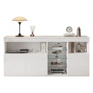 Buffet 3 portes 3 vitrines LED blanc laqu&eacute; brillant 1555x35x72 cm sans poign&eacute;es - Meuble salon salle &agrave; manger moderne sous canap&eacute;