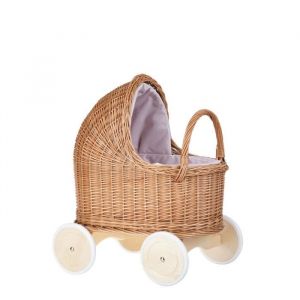 Landau-poussette en osier naturel pour poupée avec roues en bois et tissu rose - Pour poupées jusquà 45 cm