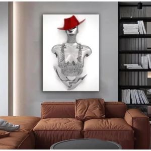 Affiche abstraite de femme avec chapeau rouge peinture sur toile art mural image moderne d&eacute;coration 50x70cm Sans cadre