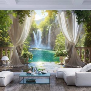 Papier Peint Mural 3D Panoramique Murale Paysage naturel de cascade de montagne Murales Poster pour Salon D&eacute;coration 350x256cm