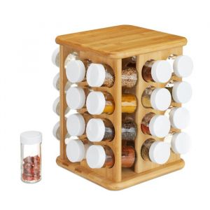 Relaxdays Carrousel à épices bambou 32 pots verre Présentoir à épices organiseur rotatif rangement cuisine nature