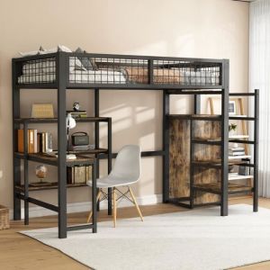 Lit superposé - Noir - 90x200 cm - Métal - 2 places - Avec étagères et armoire encastrée