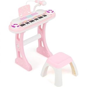 Clavier Piano Pour Enfants 37 Touches avec Tabouret COSTWAY-4 Effets de Percussion-8 Instruments-Microphone Réglable-Lumière-Rose