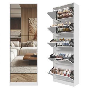 Meuble &agrave; Chaussures 30 Paires avec Miroir Meuble Chaussure Entree Bois Blanc Moderne Rangement 5 Tiroirs Pliables 63&times;23&times;185cm
