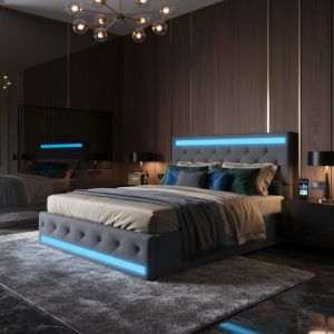 Lit capitonn&eacute; 140 x 190 cm avec 4 Tiroirs Lit double avec LED et USB/C  T&ecirc;te de lit r&eacute;glable en hauteur - Tissu Gris