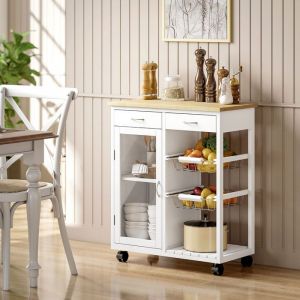 Desserte de cuisine &agrave; roulettes &icirc;lot central cuisine avec plateau en bambou porte vitr&eacute;e 67 x 35 x 80 cm blanc