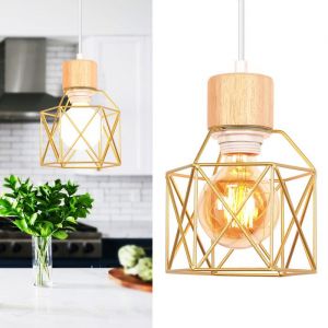 SNOGOLD Suspension Vintage E27 Lustre Industriel Abat-Jour en Cage en Bois M&eacute;tal Dor&eacute; Luminaire &Eacute;clairage pour Salon Chambre