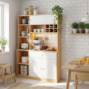 Buffet de Cuisine 115cm - Armoire de Rangement Haute avec LED R&eacute;glable - Niche pour Micro-ondes & Porte-Bouteilles - Blanc et Bois