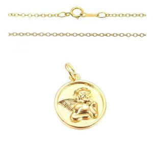 Collier - Enfant - Chaîne et Pendentif - Médaille - Ange - Baptême - 16 mm - Or Jaune Vermeil - 14 Carats - 45 cm
