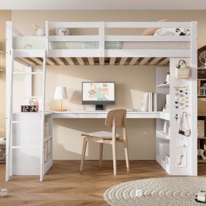 Lit mezzanine 90x200cm - avec bureau - avec &eacute;tag&egrave;re de rangement - avec &eacute;chelle de s&eacute;curit&eacute; - bois massif+MDF - Blanc