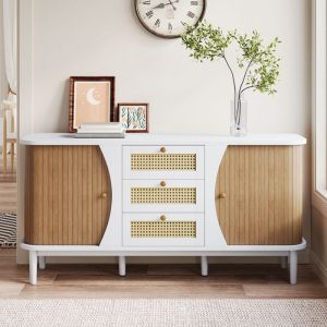 Buffet bas - 2 portes 3 tiroirs - Blanc - 127x28.5x76 cm - Buffet de salon moderne- Meuble de Rangement - Bahut finition mate